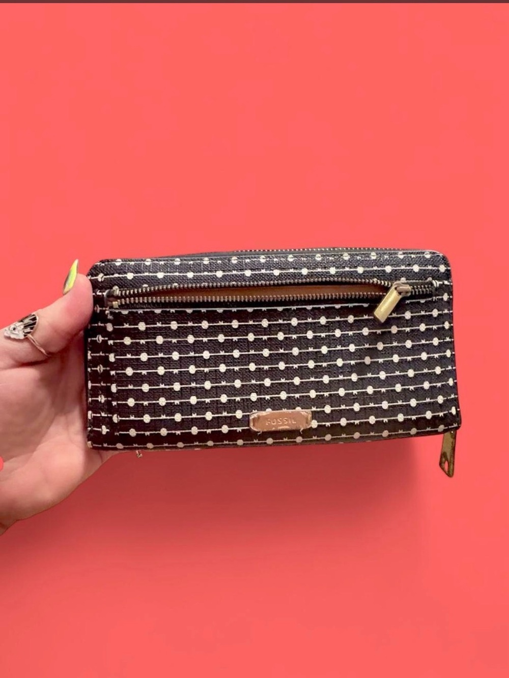 Fossil Logan Zip Around Wallet - black and white dot pattern
